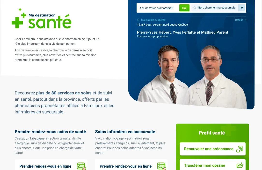 Familiprix website: Layout for the home page header, presenting local pharmacists