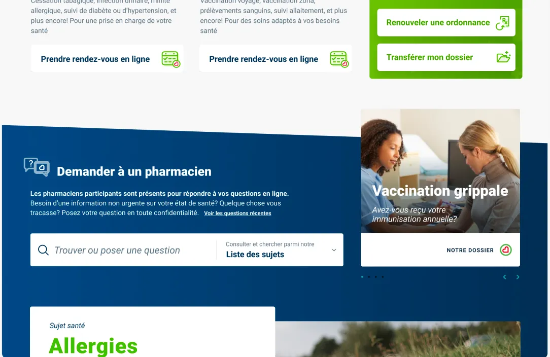 Familiprix website: Layout for the home page "Ask a pharmacist" advice section