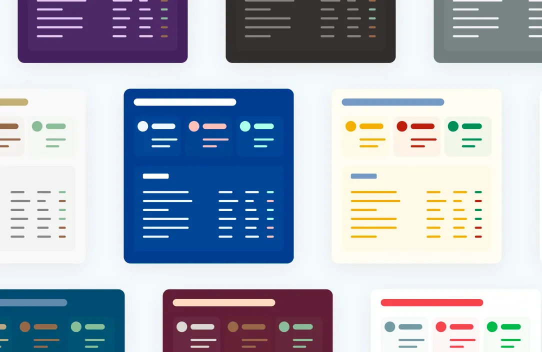 Metrics Watch illustration that shows off multiple templates using different colour palettes