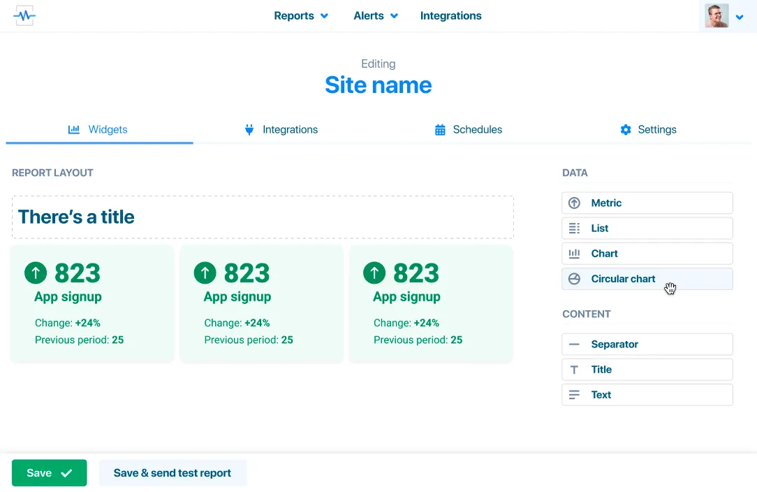 Screenshot of the Metrics Watch report editor – we see a grid-based layout onto which the user drags data and chart blocks
