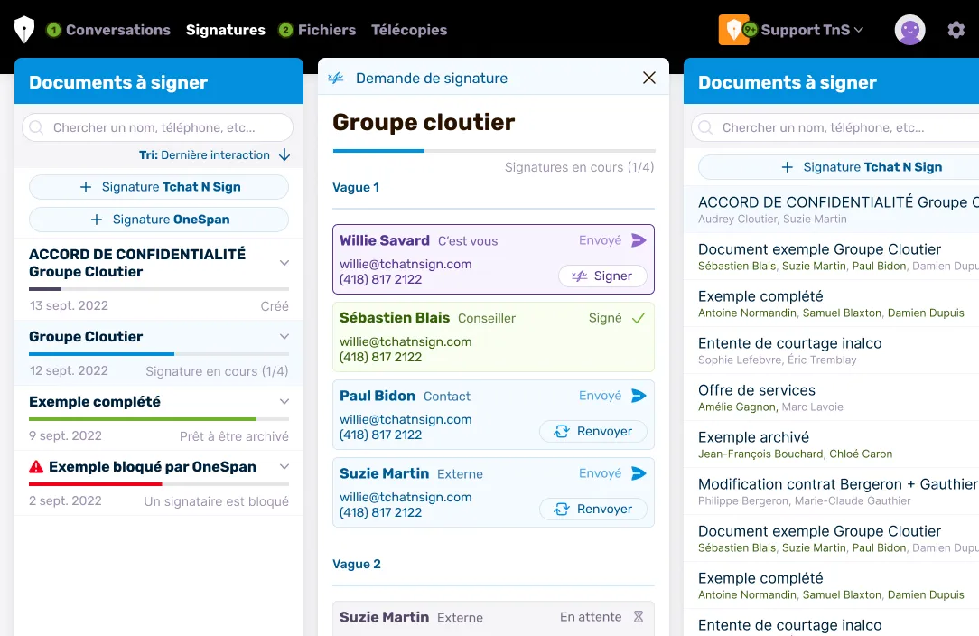 Tchat N Sign advisor interface, showing the Signatures pane