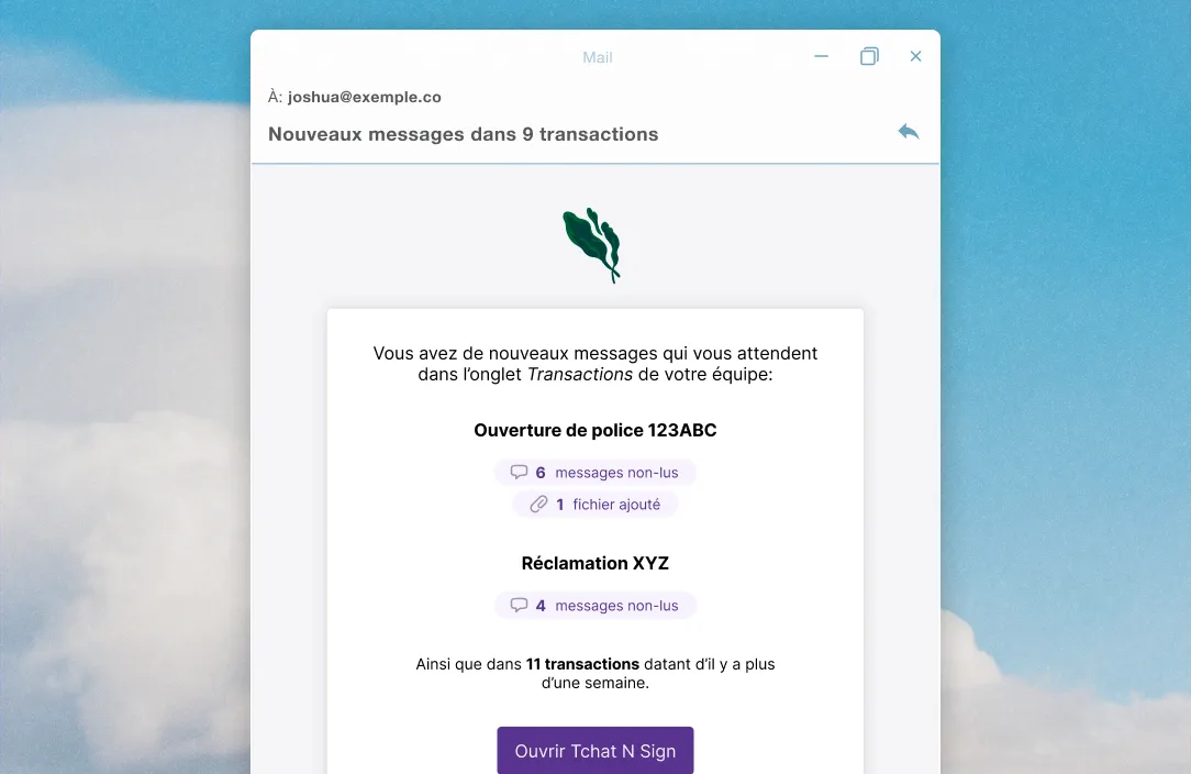 Tchat N Sign email template for an advisor receiving notifications