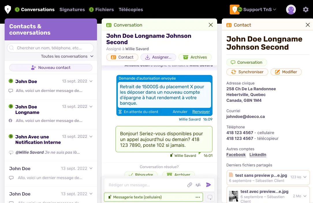 Tchat N Sign advisor interface, showing the main Conversations panel and a contact's details pane