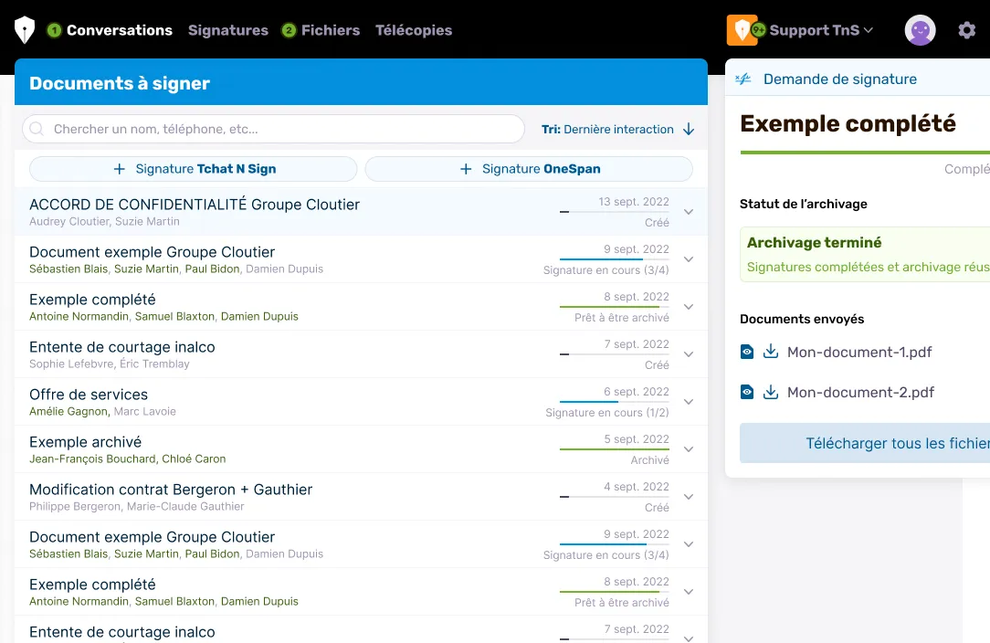 Tchat N Sign advisor interface, showing the large Signatures view and the open pane for one particular document
